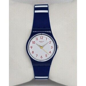 Women's Swatch Swiss Round White Dial Blue White Blue Red Rubber Strap Watch 04